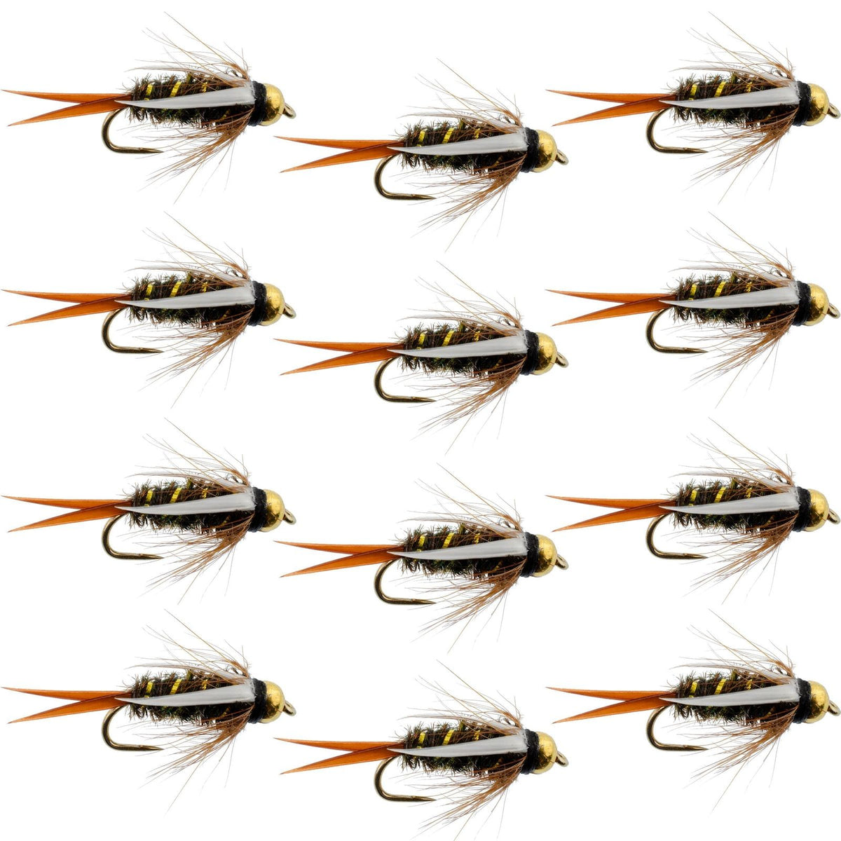 Set of 12 barbless bead-head prince nymph flies for trout fishing, size 12, crafted by The Fly Fishing Place.