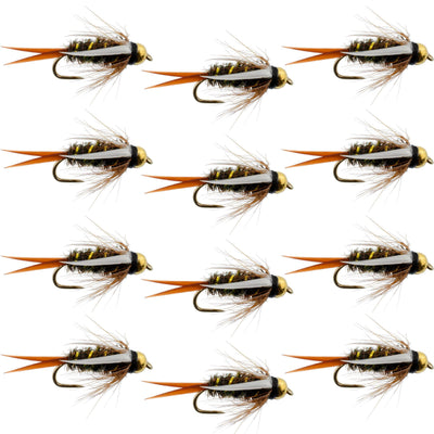 Set of 12 barbless bead-head prince nymph flies for trout fishing, size 12, crafted by The Fly Fishing Place.