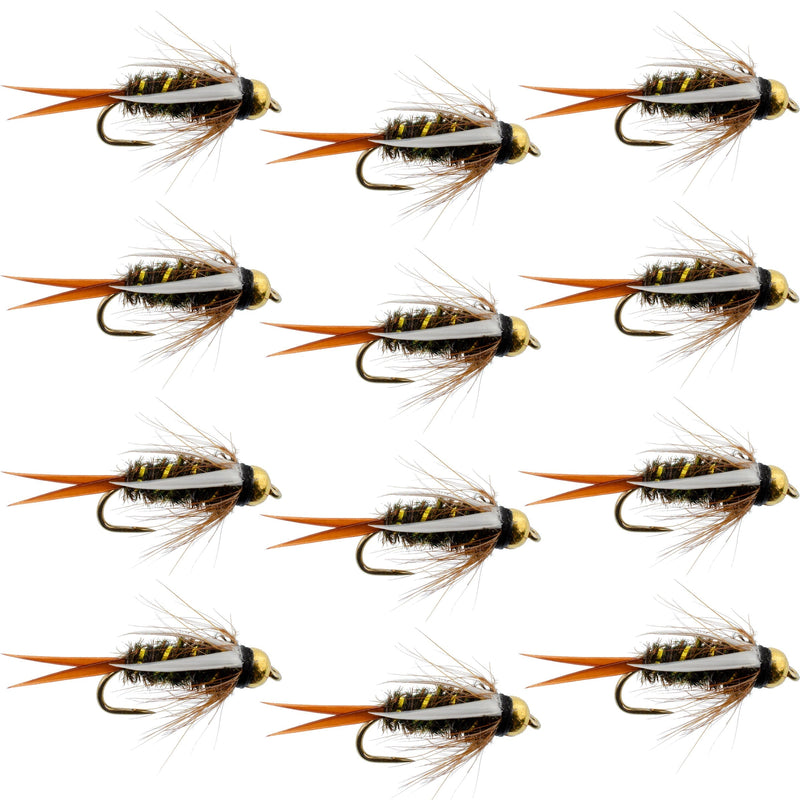 Set of 12 barbless bead-head prince nymph flies for trout fishing, size 12, crafted by The Fly Fishing Place.