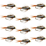 Set of 12 bead-head Prince Nymph wet flies for trout fishing, size 10, with barbless hooks, by The Fly Fishing Place.