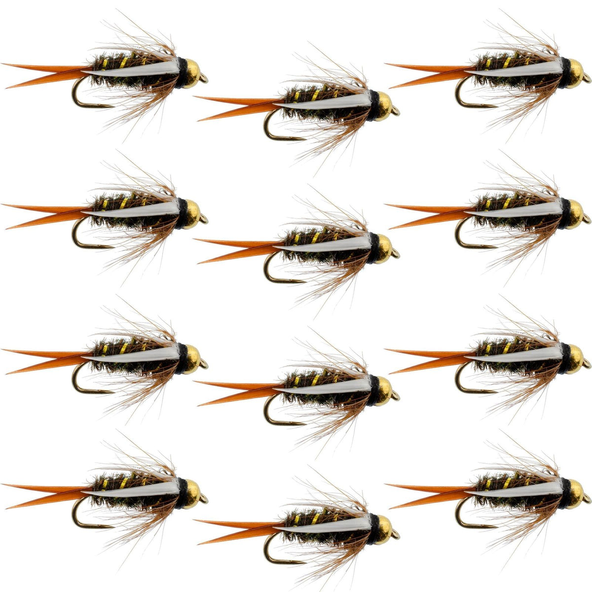 Set of 12 bead-head Prince Nymph wet flies for trout fishing, size 10, with barbless hooks, by The Fly Fishing Place.