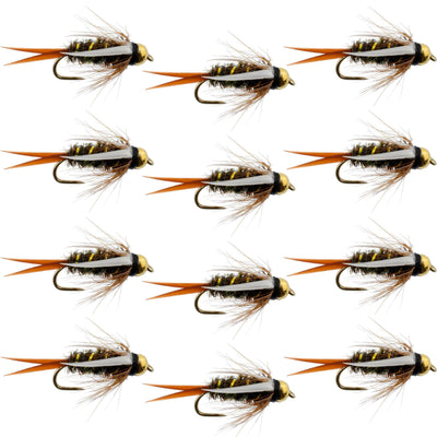 Set of 12 bead-head Prince Nymph wet flies for trout fishing, size 10, with barbless hooks, by The Fly Fishing Place.
