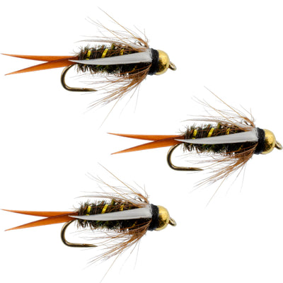 Set of three bead-head Prince Nymph wet flies for trout fishing, barbless hooks, size 10, by The Fly Fishing Place.