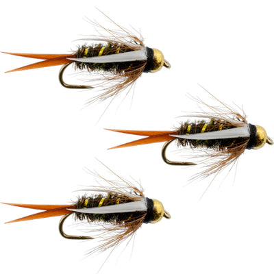Three barbless bead-head Prince Nymph wet flies for trout fishing, hook size 12, with detailed feather and bead head design.