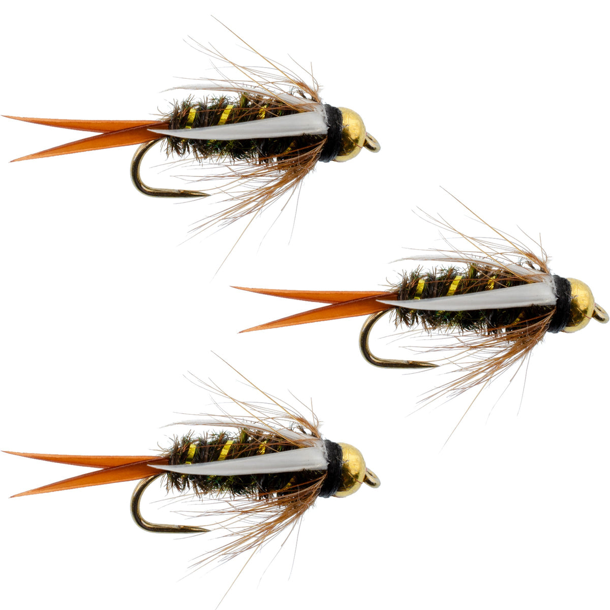 Set of three bead head Prince Nymph wet flies for trout fishing, size 14, barbless hooks, by The Fly Fishing Place.