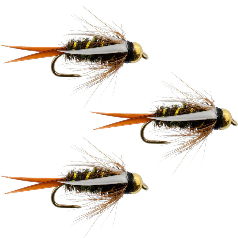 Set of three bead head Prince Nymph wet flies for trout fishing, size 14, barbless hooks, by The Fly Fishing Place.