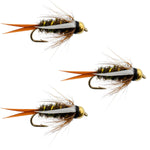 Set of three tungsten bead head Prince Nymph trout wet flies with size 12 hooks, suitable for fly fishing.