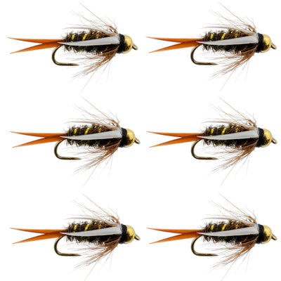 Set of 6 barbless bead-head Prince Nymph trout wet flies for fly fishing, hook size 10, by The Fly Fishing Place.
