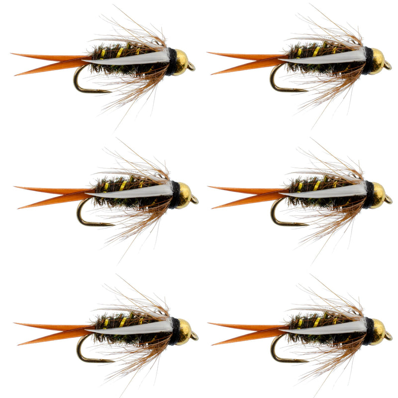 Set of 6 bead-head Prince Nymph trout wet flies for fly fishing, size 14, barbless hooks, by The Fly Fishing Place.