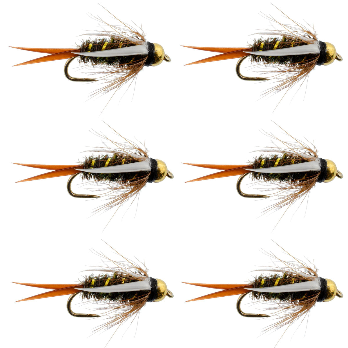 Set of 6 Barbless Bead-Head Prince Nymph Trout Wet Flies for fly fishing, size 16, by The Fly Fishing Place.