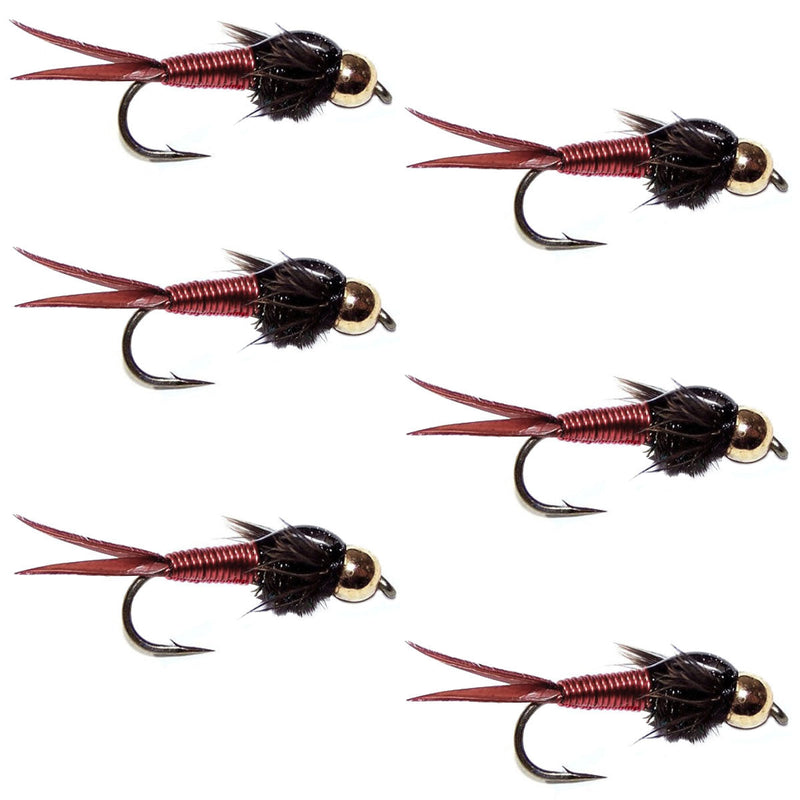 Set of 6 Bead Head Red Copper John Nymph Trout Wet Flies with size 12 hooks for fly fishing.