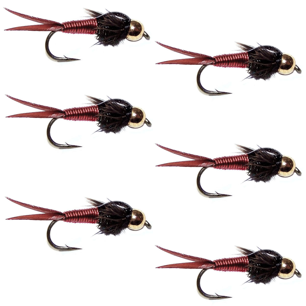 Set of six Bead Head Red Copper John Nymph flies for trout fishing, size 16, by The Fly Fishing Place, showing colorful wet fly patterns.