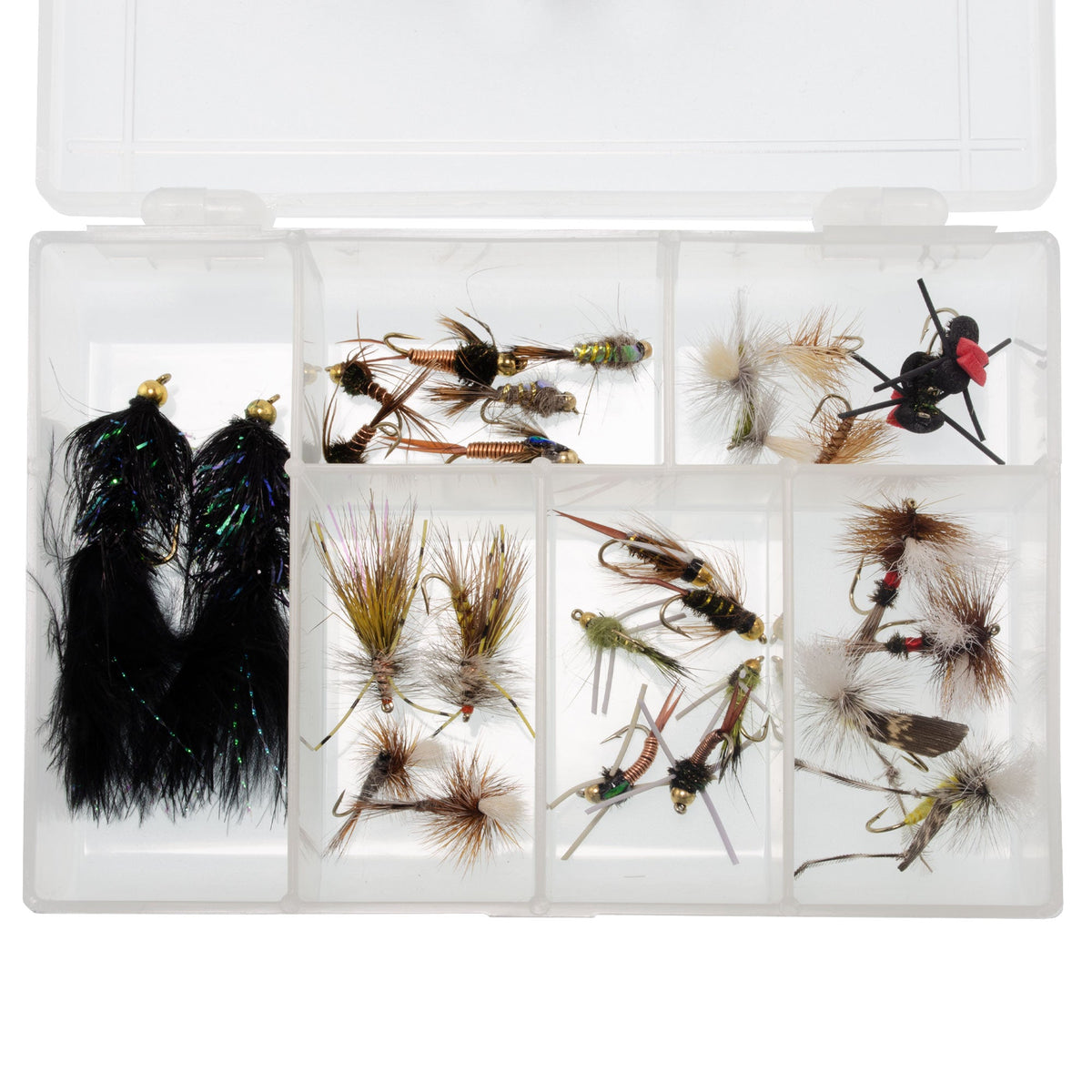 Open fly box with Essential 28 Trout Fly Assortment by The Fly Fishing Place, featuring various trout flies for beginner and advanced anglers.