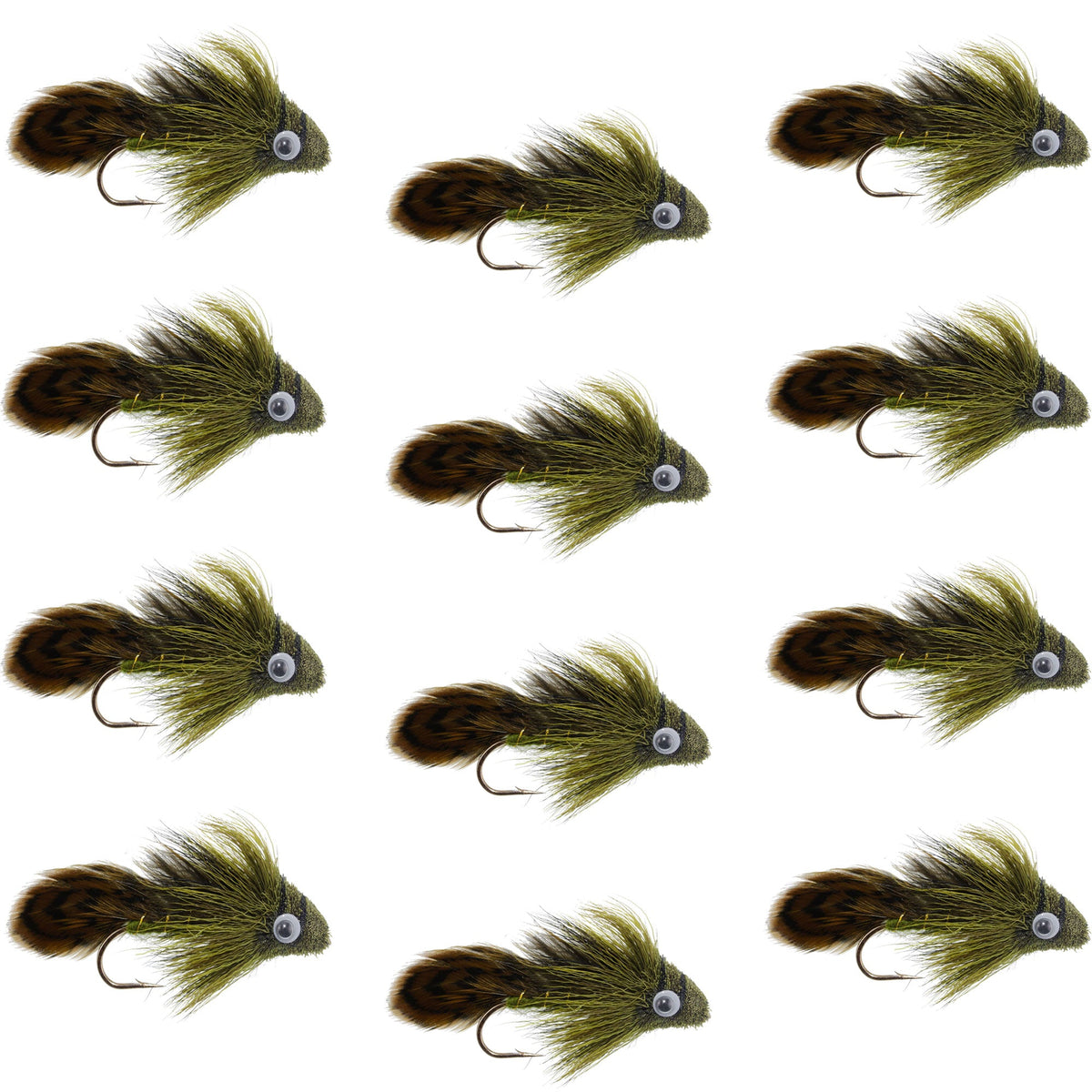 Set of 12 Big Eye Olive Sculpin streamer flies for trout fishing, featuring size 2 hooks by The Fly Fishing Place.