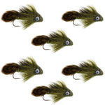 Set of six Big Eye Olive Sculpin streamer flies for trout fishing, with size 2 hooks, designed for fly fishing enthusiasts.