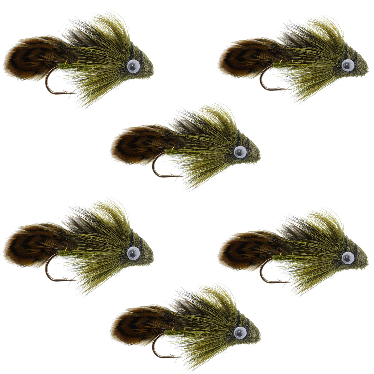 Set of six Big Eye Olive Sculpin streamer flies for trout fishing, with size 2 hooks, designed for fly fishing enthusiasts.