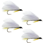 Set of four Black Ghost classic streamer flies for trout fishing, hook size 4, by The Fly Fishing Place, detailed close-up image.