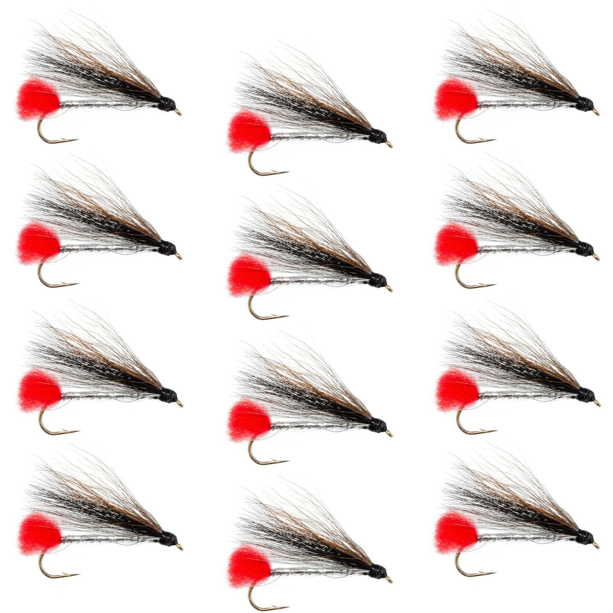 Set of 12 Black Nose Dace trout wet streamer flies with size 4 hooks, designed for fly fishing by The Fly Fishing Place.