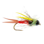 Set of 6 black and yellow tungsten bead head Nicks Prince wet nymph flies for trout fishing, size 16, by The Fly Fishing Place.