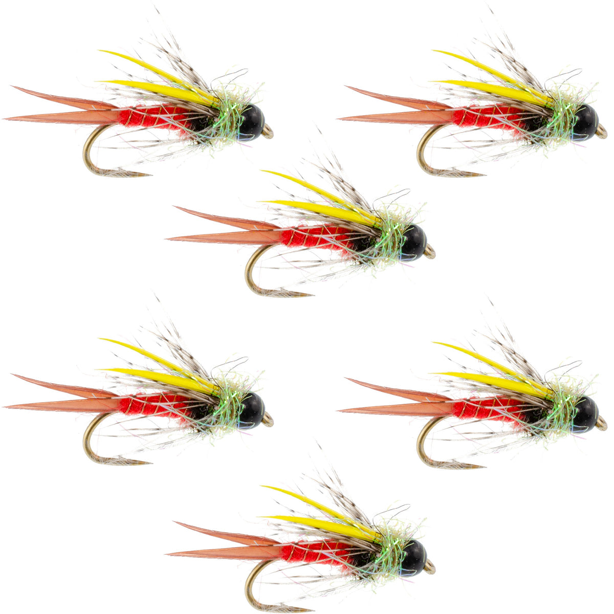 Set of 6 black and yellow tungsten bead head nicks Prince wet trout flies with size 10 hooks, ideal for fly fishing.