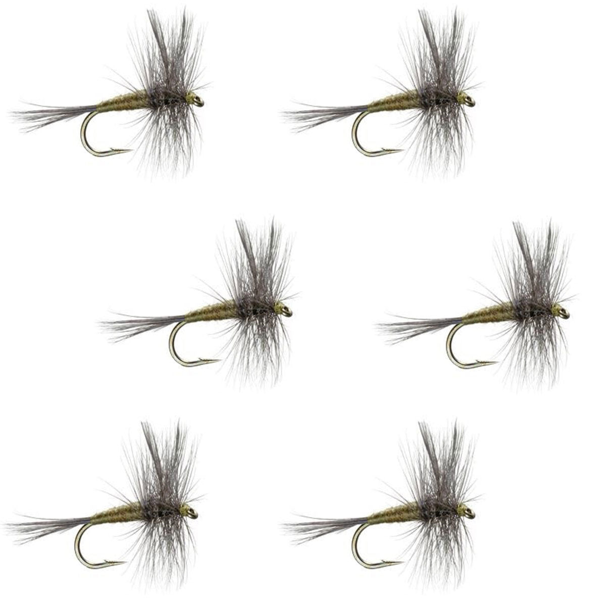Set of six Blue Winged Olive BWO trout dry flies in size 18, designed for freshwater fly fishing by The Fly Fishing Place