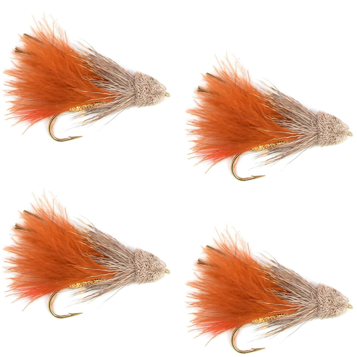 Set of four brown Marabou Muddler Minnow streamer flies for trout fishing, size 4, by The Fly Fishing Place.