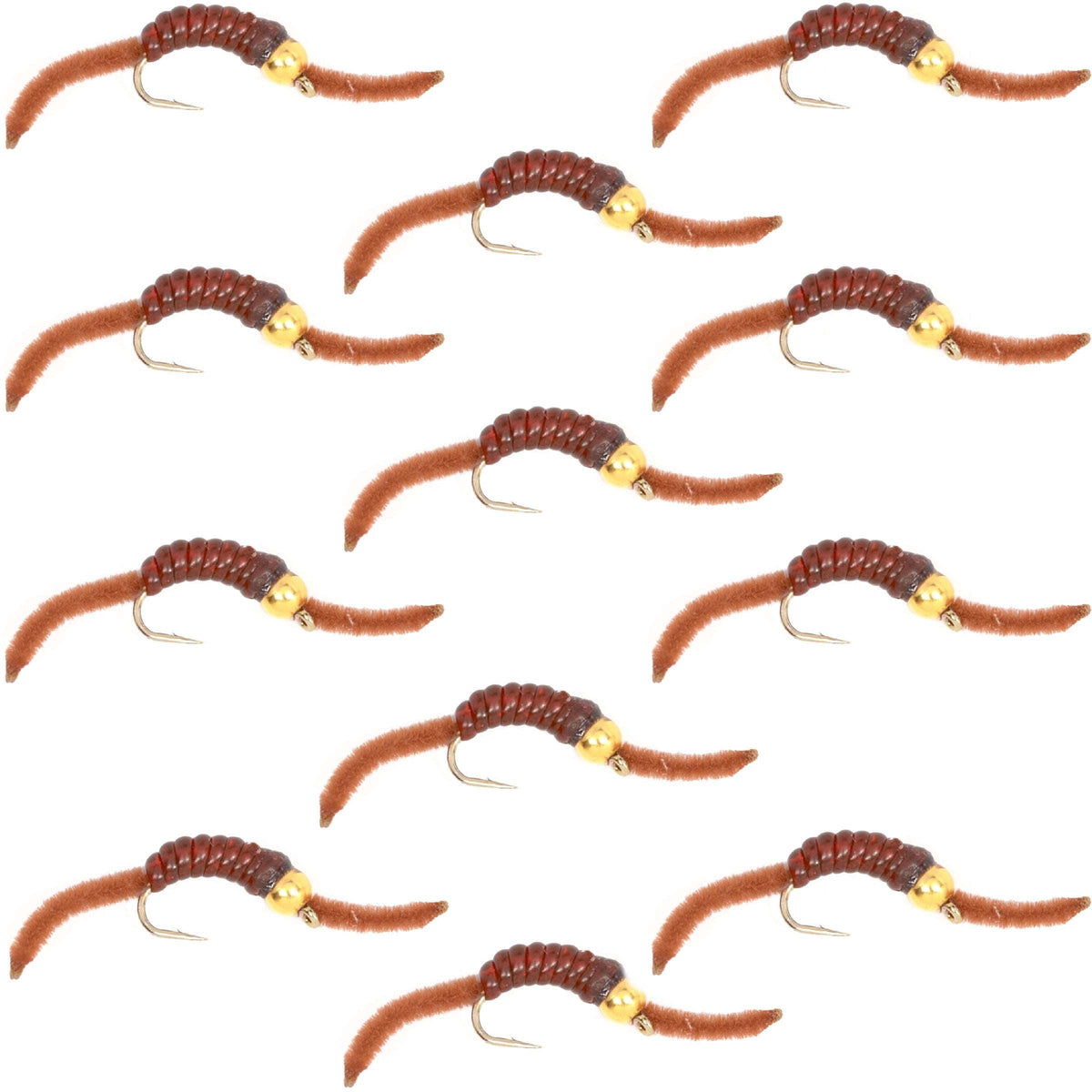 Set of 12 brown San Juan Bead Head Power Worm trout wet flies with V-rib, hook size 14 for fly fishing.