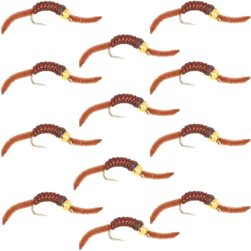 Set of 12 brown San Juan Bead Head Power Worm trout wet flies with V-rib, hook size 14 for fly fishing.