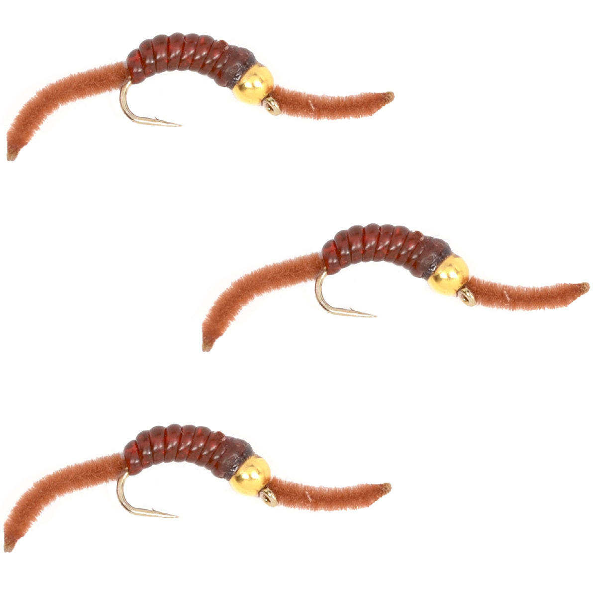 Set of three brown San Juan Bead Head Power Worm trout wet flies with V-rib, hook size 14 for fly fishing.