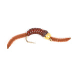 Brown San Juan Bead Head Power Worm V-Rib trout wet fly with hook size 10, designed for fly fishing, featuring a realistic worm pattern