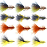Bead Head Crystal Woolly Buggy Streamer Set with 12 size 4 streamer flies for fly fishing, featuring colorful, realistic bug patterns.