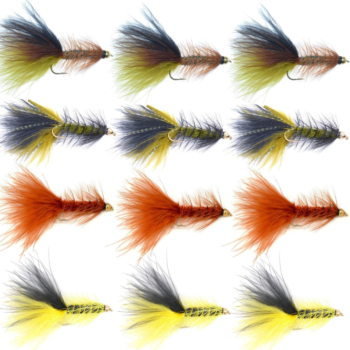 Bead Head Crystal Woolly Buggy Streamer Set with 12 size 8 flies, designed for fly fishing by The Fly Fishing Place
