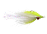 White Clouser's JP Crosscut Minnow fly fishing lure by Clouser's Fly Shop, showcasing its detailed crosscut minnow design