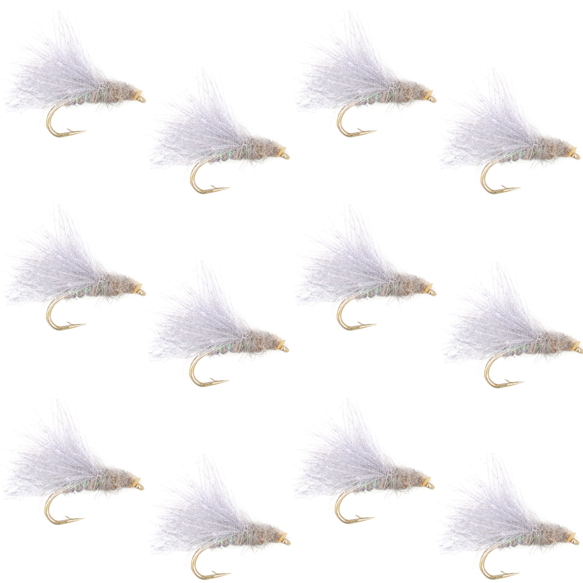 Set of 12 CDC Baetis Emerger BWO wet trout fishing flies on hooks, size 18, by The Fly Fishing Place, detailed feather and dubbing pattern.
