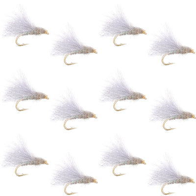 Set of 12 CDC Baetis Emerger BWO wet trout fishing flies on hooks, size 18, by The Fly Fishing Place, detailed feather and dubbing pattern.