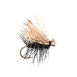 Set of six Black Elk Hair Caddis Classic Trout Dry Flies size 14, detailed close-up of realistic fly fishing lures for trout.