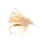 Three yellow elk hair Caddis dry flies for trout fishing, size 18, with classic fly pattern and barbless hooks.