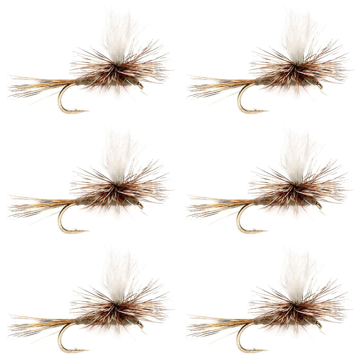 Set of six Adams Parachute Classic dry trout flies with size 18 hooks, featuring calf-tail bodies for effective fishing.