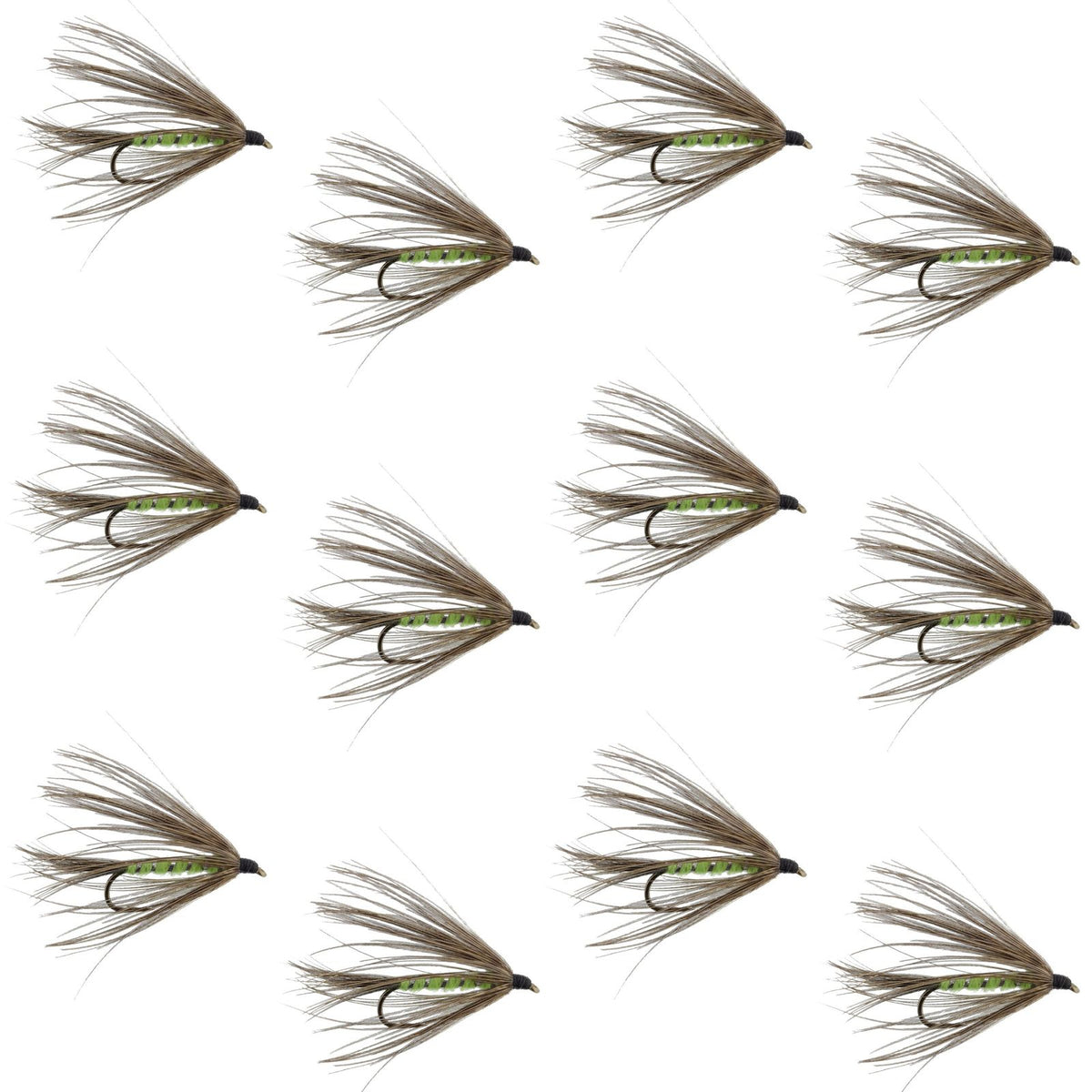 Set of 12 Carey Special Soft Hackle Grouse and Bright Green Wet Flies for trout fishing, featuring hook size 10 from The Fly