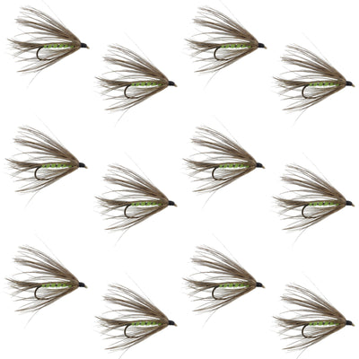 Set of 12 Carey Special Soft Hackle Grouse and Bright Green Wet Flies for trout fishing, featuring hook size 10 from The Fly Fishing Place