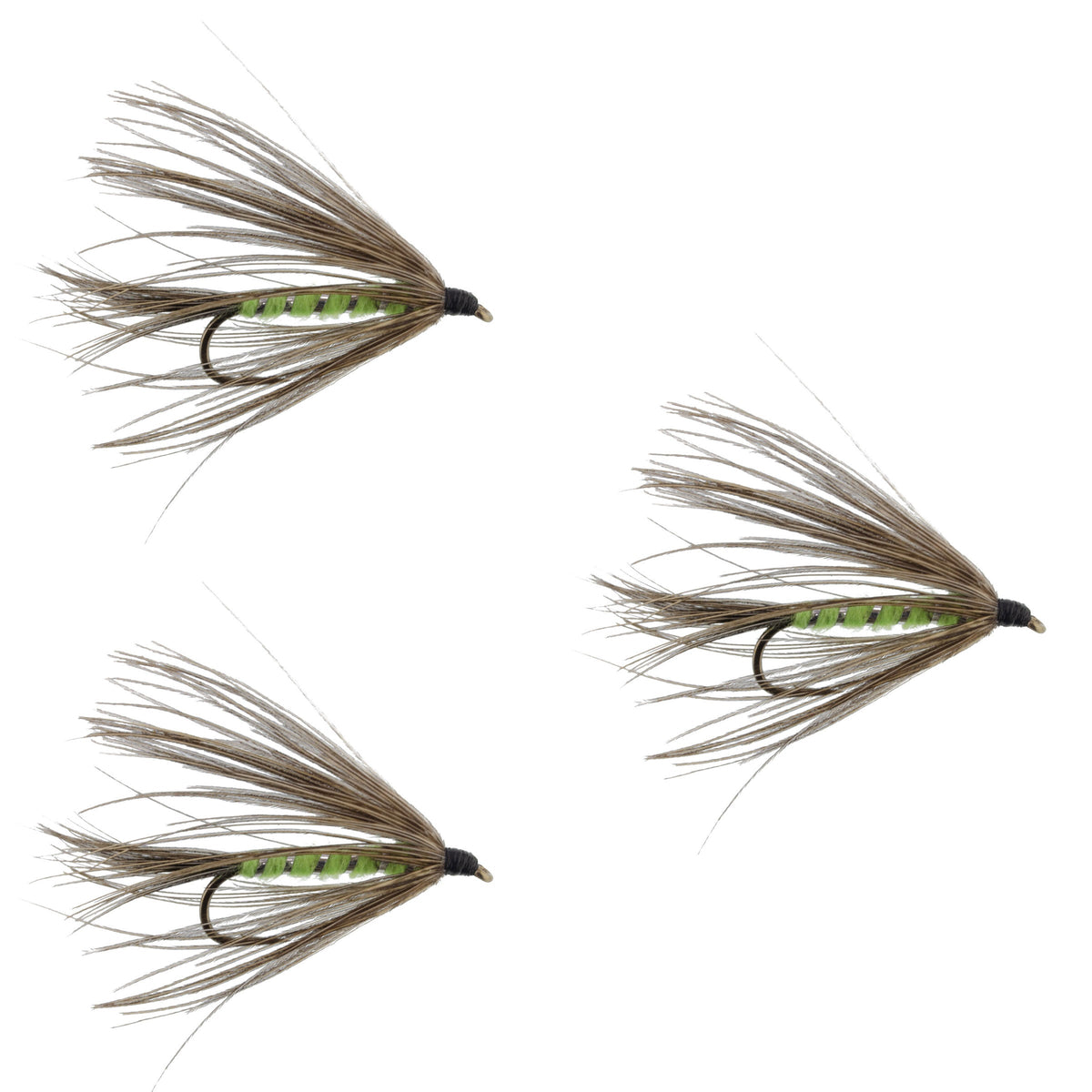 Three Carey Special soft hackle wet flies in bright green and grouse patterns for trout fishing, hook size 10.