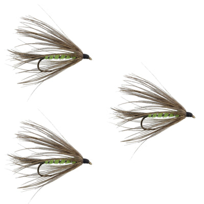 Three Carey Special soft hackle wet flies in bright green and grouse patterns for trout fishing, hook size 10.