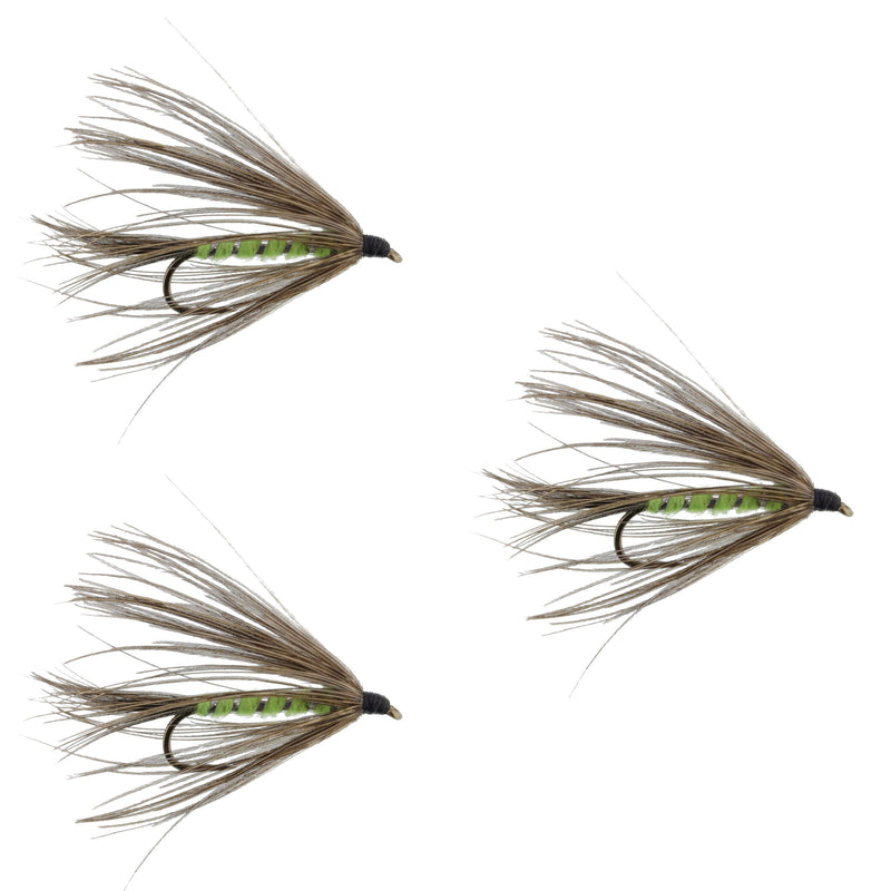 Three Carey Special soft hackle wet flies in bright green and grouse patterns for trout fishing, hook size 10.