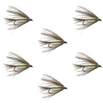 Set of six Carey Special soft hackle wet flies in bright green and grouse pattern for trout fishing, size 10 hooks.