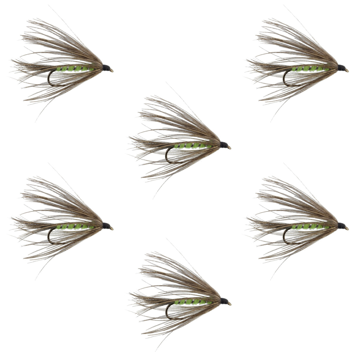 Set of six Carey Special soft hackle wet flies in bright green and grouse pattern for trout fishing, size 10 hooks.