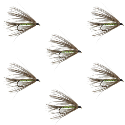 Set of six Carey Special soft hackle wet flies in bright green and grouse pattern for trout fishing, size 10 hooks.