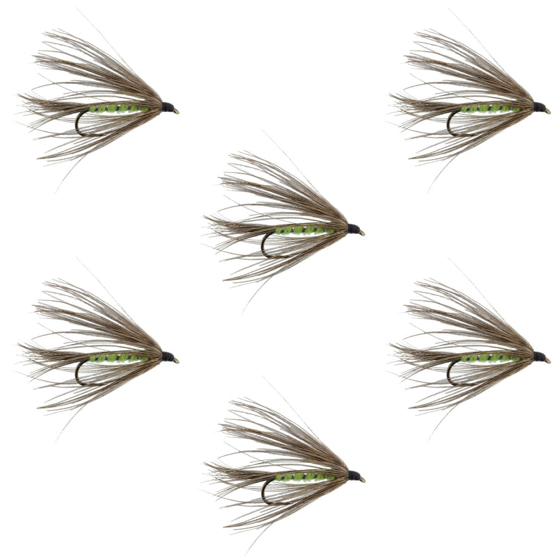 Set of six Carey Special soft hackle wet flies in bright green and grouse pattern for trout fishing, size 10 hooks.