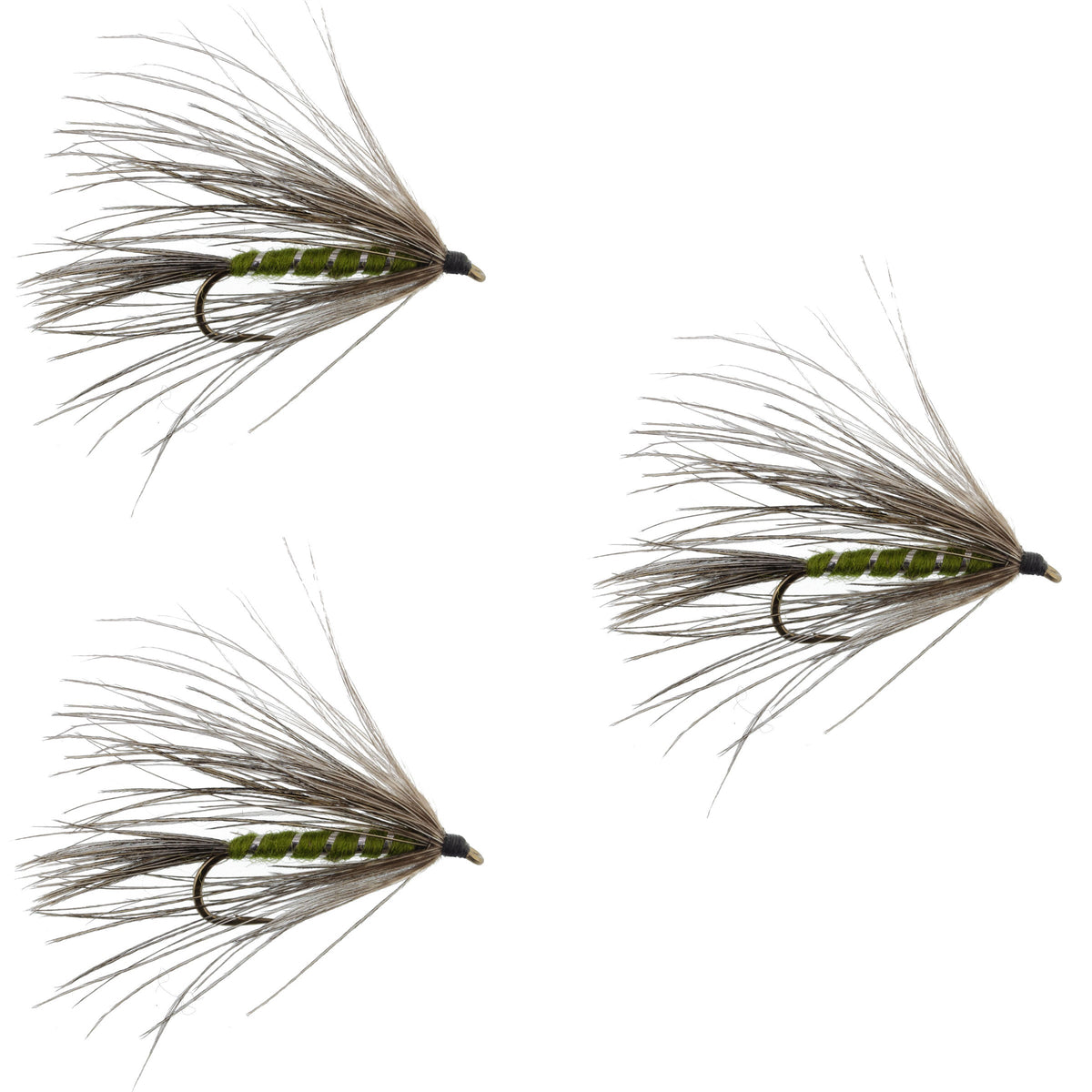 Three Carey Special Soft Hackle Grouse and Olive Wet Flies for trout fishing, size 10 hooks from The Fly Fishing Place.