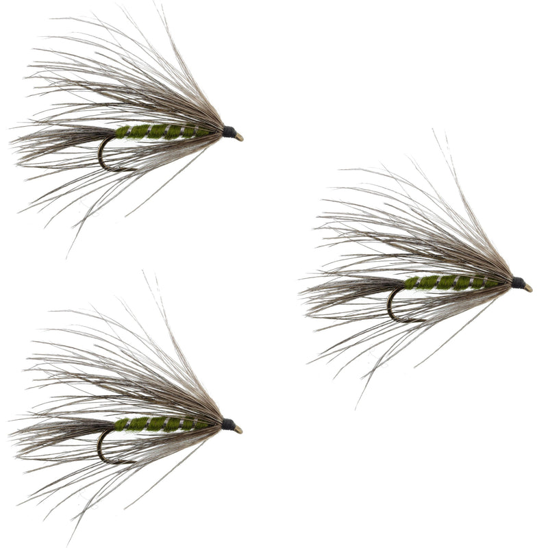 Three Carey Special Soft Hackle Grouse and Olive Wet Flies for trout fishing, size 10 hooks from The Fly Fishing Place.