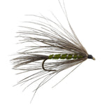 Three Carey Special Soft Hackle Grouse and Olive Wet Flies for trout fishing, hook size 10, showcasing detailed feather and hook craftsmanship.